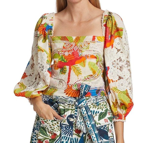 NEW Farm Rio Forest Birds Smocked Embroidered Blouse size M #833 - Picture 2 of 8